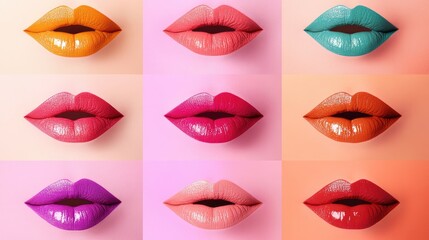 Obraz premium A collection of colorful lips in various shades on a soft pastel background, creating a fun, fashion-forward image.