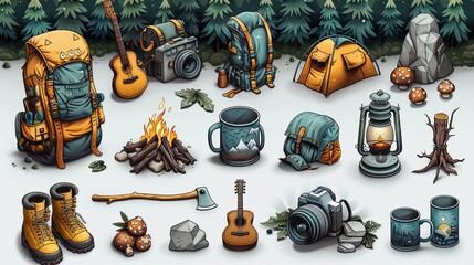 Retro camping vector illustration set: backpack, map, hiking boots, campfire, guitar, tent, mug, camera, lantern, travel trailer, ax, mushrooms. Cartoon design elements collection tourism concept