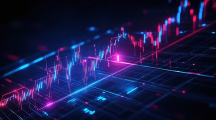 Fototapeta premium Abstract digital financial market graph with glowing lines and colorful data points.