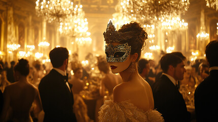 A luxurious masquerade ball featuring elegant guests in formal attire and intricate masks, set in a grand chandelier-lit ballroom. - obrazy, fototapety, plakaty