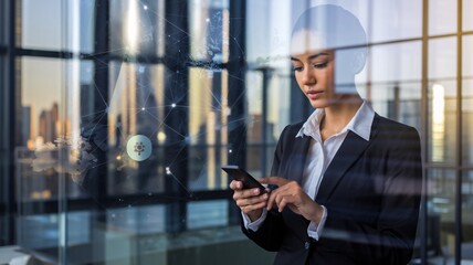 A businesswoman in a modern office setting, engrossed in her smartphone. The image features a global network overlay, symbolizing global communication and business connections.