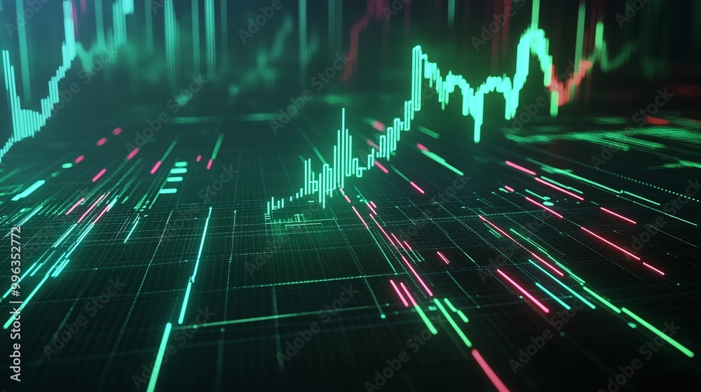 Poster abstract digital graph representing data analytics with vibrant colors on a dark background.