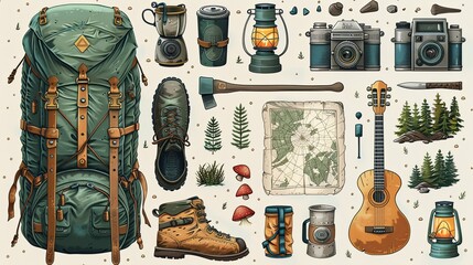 Retro camping vector illustration set: backpack, map, hiking boots, campfire, guitar, tent, mug, camera, lantern, travel trailer, ax, mushrooms. Cartoon design elements collection tourism concept