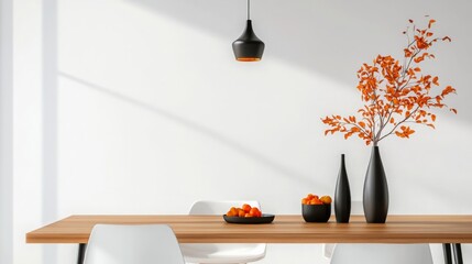 Minimalist Dining Room Interior Design with White Walls and Wooden Table