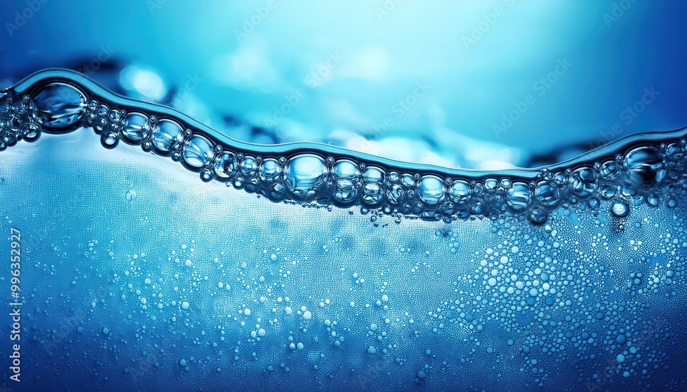 Aufkleber close-up of glowing soap bubbles on water surface against vibrant blue background, capturing the eth