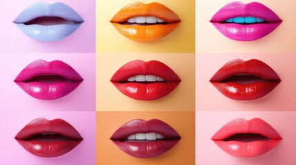 Obraz premium A creative set of bright lips in various colors on a pastel background, emphasizing bold, unique style