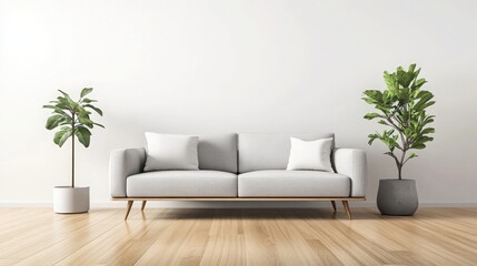 Fototapeta premium Modern Living Room Interior with Grey Sofa and Plants