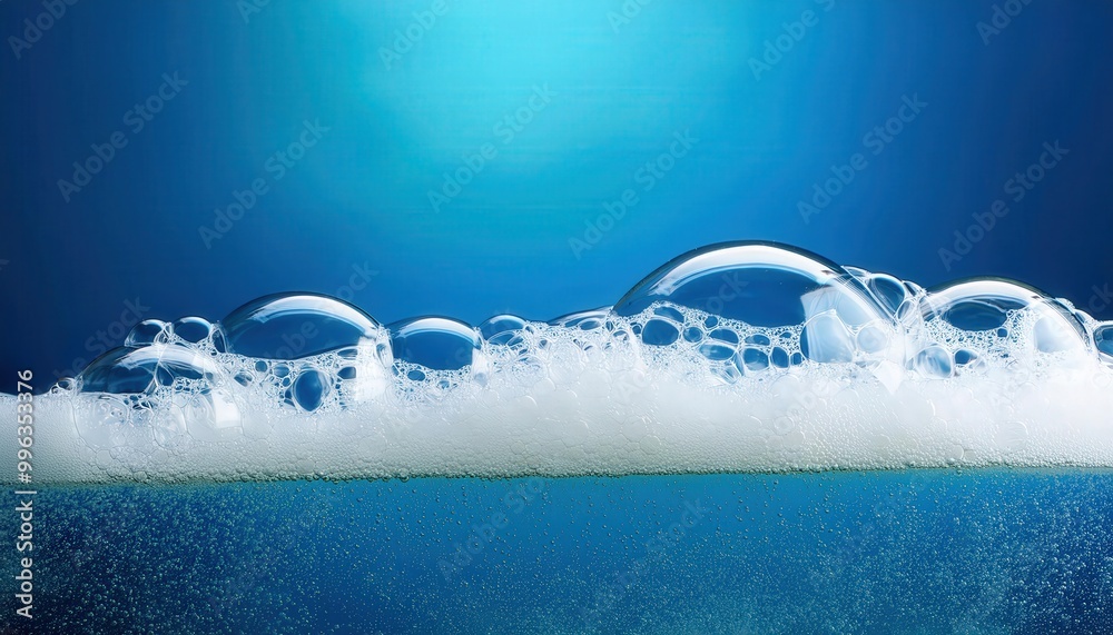 Aufkleber close-up of glowing soap bubbles on water surface against vibrant blue background, capturing the eth