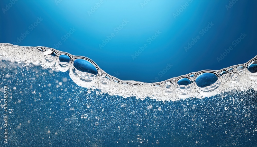 Aufkleber close-up of glowing soap bubbles on water surface against vibrant blue background, capturing the eth