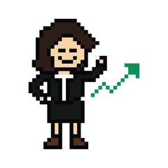 Obraz premium Cartoon cute pixel cartoon 8bit character business woman office smart work game for decoration business 8 bit female lady career smart character game png vector.