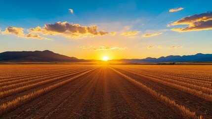 Golden Sunset over Farmland with Mountain Range