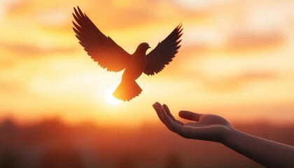 Obraz premium A solitary bird leaving a hand at dusk, flying towards the sunset with wings spread wide, solitude and hope, sunset release