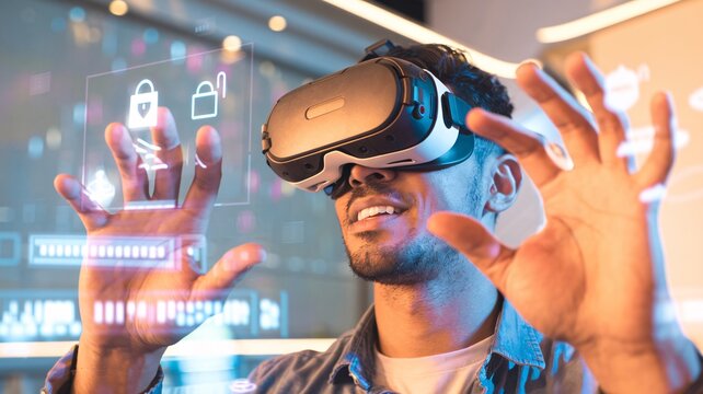 A close-up shot of a man using a virtual reality headset, interacting with digital interfaces. This image captures the essence of modern technology. 