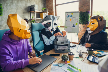 Photo of gorilla lion raccoon mask business people desk meeting money counting machine loft...