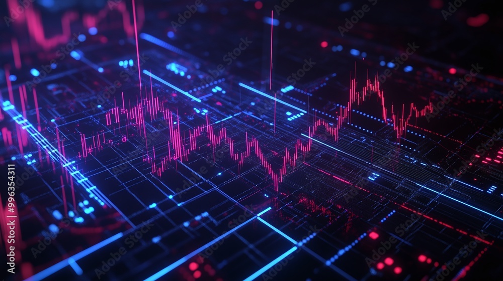 Poster abstract digital graph with colorful lines and data points on a dark background.