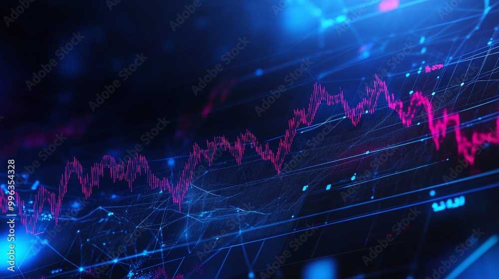 Poster abstract digital graph with blue and pink lines, representing data visualization in a technological 