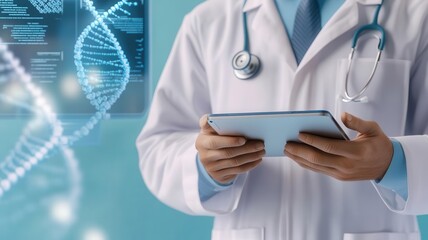 Doctor interacting with DNA on futuristic tablet, holographic medical charts, advanced lab setting