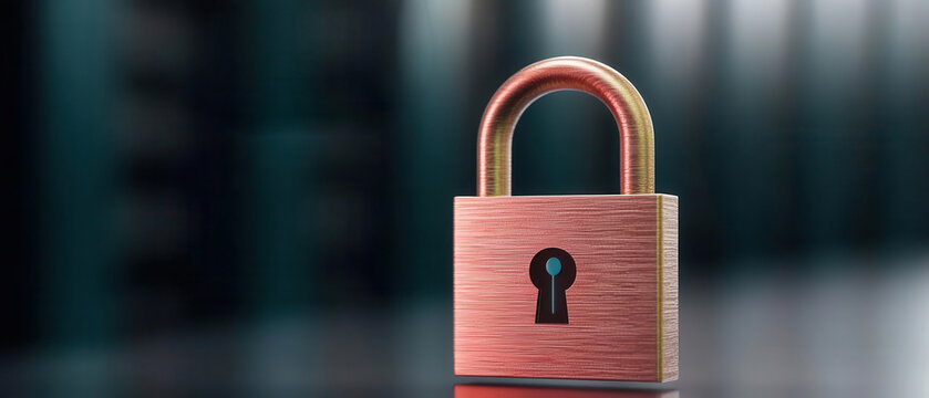 Digital padlock with holographic access screen, floating binary code, secure server room