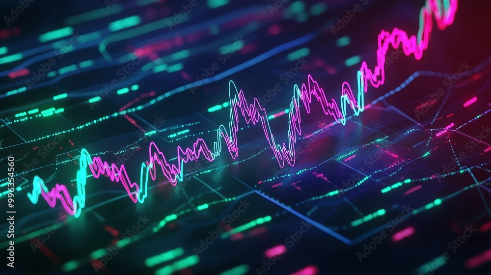 Poster abstract digital graph with colorful lines and data points representing market trends and analytics.