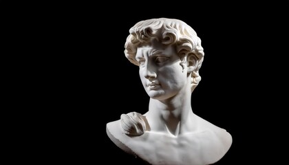 Classic Marble Bust of Michelangelo's David, Side Profile Against Black Background. Iconic Renaissance Sculpture Highlighting Chiseled Features, Elegant Curves Timeless Expression in Dramatic Lighting