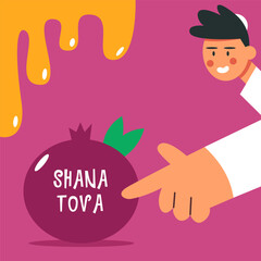 Rosh Hashanah. Jewish New Year card, cover, holiday web banner, poster. Pomegranate with Jewish Boy and honey. Flat vector illustration in cartoon style.