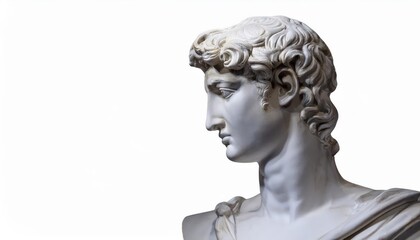 Close-up of Classical Marble Sculpture of a Male Figure with Curled Hair, Captured in an Intense Side Profile Against a Minimalist White Background, Highlighting the Intricate Details of the Carving 