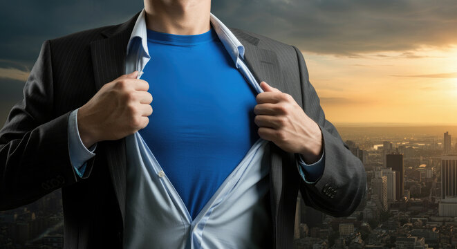 Businessman ripping open his shirt to reveal a blue costume underneath on cityscape background.