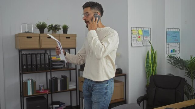 Young hispanic man in office talking on phone while holding documents, surrounded by organized shelves and wall charts.