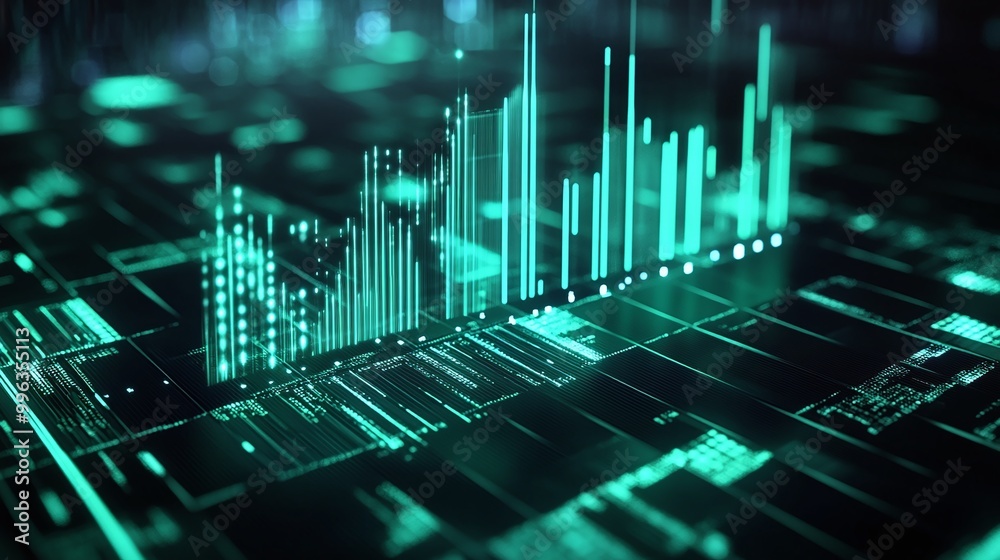 Poster abstract digital graph with glowing green elements, showcasing data visualization and analytics conc