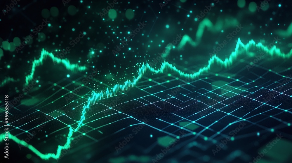 Poster abstract digital graph with glowing lines and data points against a dark background.