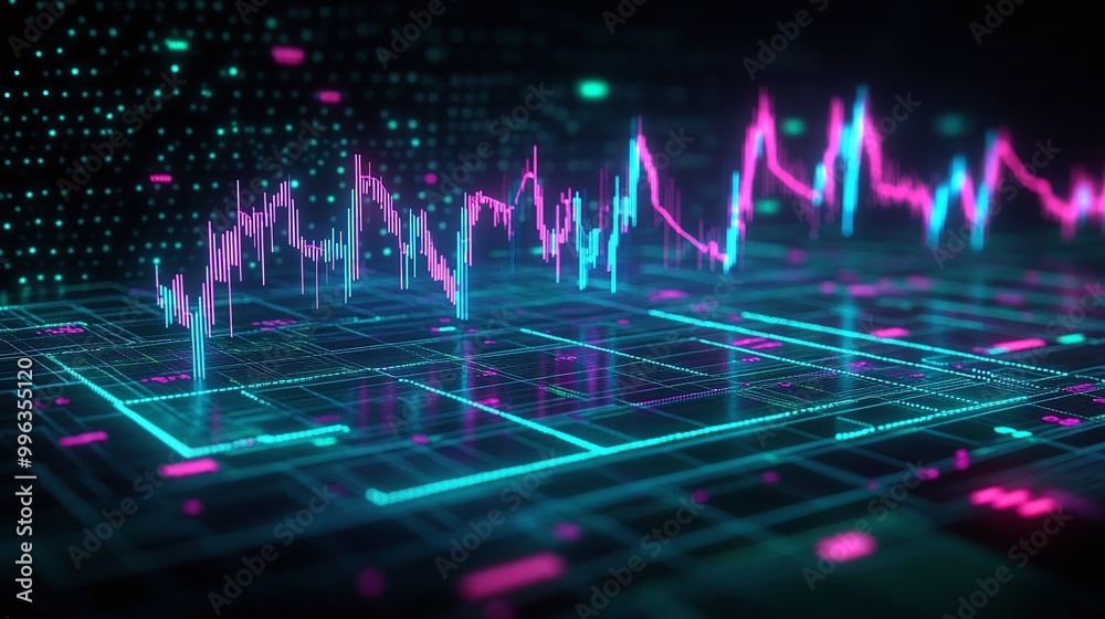 Poster abstract digital graph with glowing lines and data points illustrating technology trends.