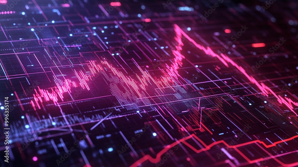 Poster abstract digital graph with glowing lines and nodes, representing data analysis and trends.