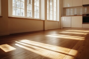 Bright kitchen interior with wooden floor and sunlight streaming through the windows.