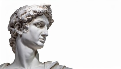 Close-up of Classical Marble Sculpture of a Male Figure with Curled Hair, Captured in an Intense Side Profile Against a Minimalist White Background, Highlighting the Intricate Details of the Carving 