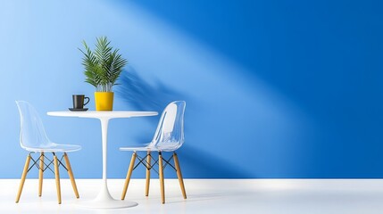 Obraz premium Minimalist Dining Room Interior with Blue Wall and Transparent Chairs