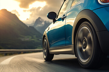A blue mini car is driving down a road with mountains in the background.