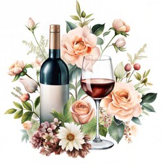 Illustration of a bottle of wine with a glass surrounded by flowers