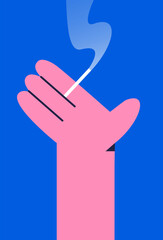 Human hand holding a cigarette. Addiction, bad habit, smoking concept. Poster, print, design template. Flat vector illustration in cartoon style.