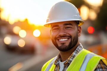 A construction worker wearing a hard hat. The photo shows a construction worker smiling while working on a construction site.