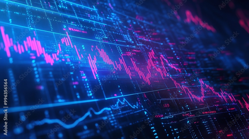 Poster abstract digital graph with vibrant colors representing statistical data and trends.
