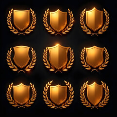 collection of golden badges shields and laurel wreaths on a dark background