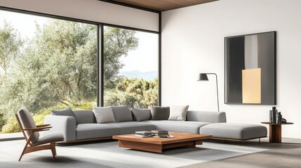 Fototapeta premium Modern Living Room with Grey Sectional Sofa and Wooden Coffee Table