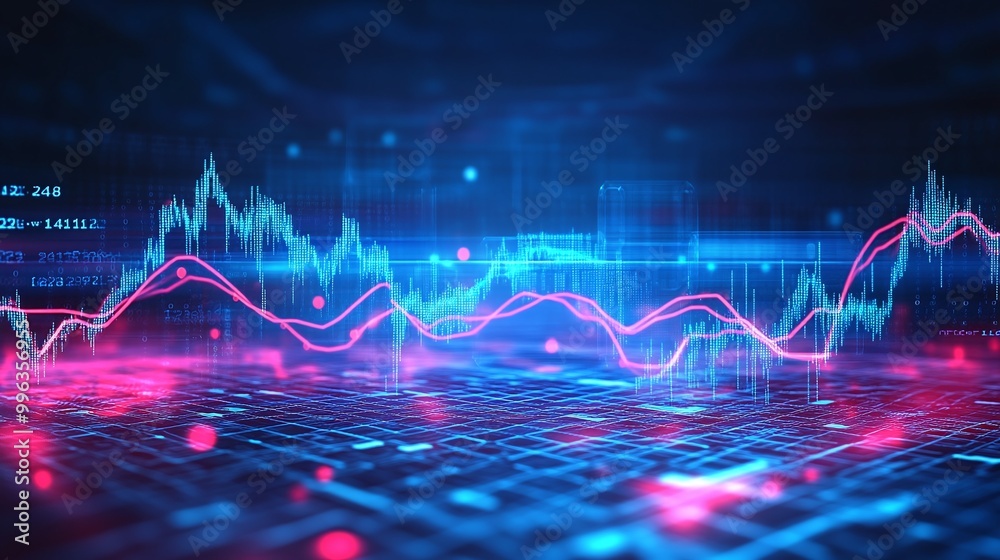 Poster abstract digital graph with vibrant lines and data points on a deep background, representing trends 