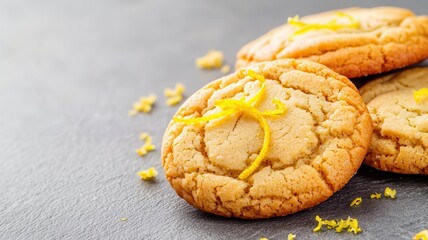 Lemon cookies with zest on a gray stone surface.