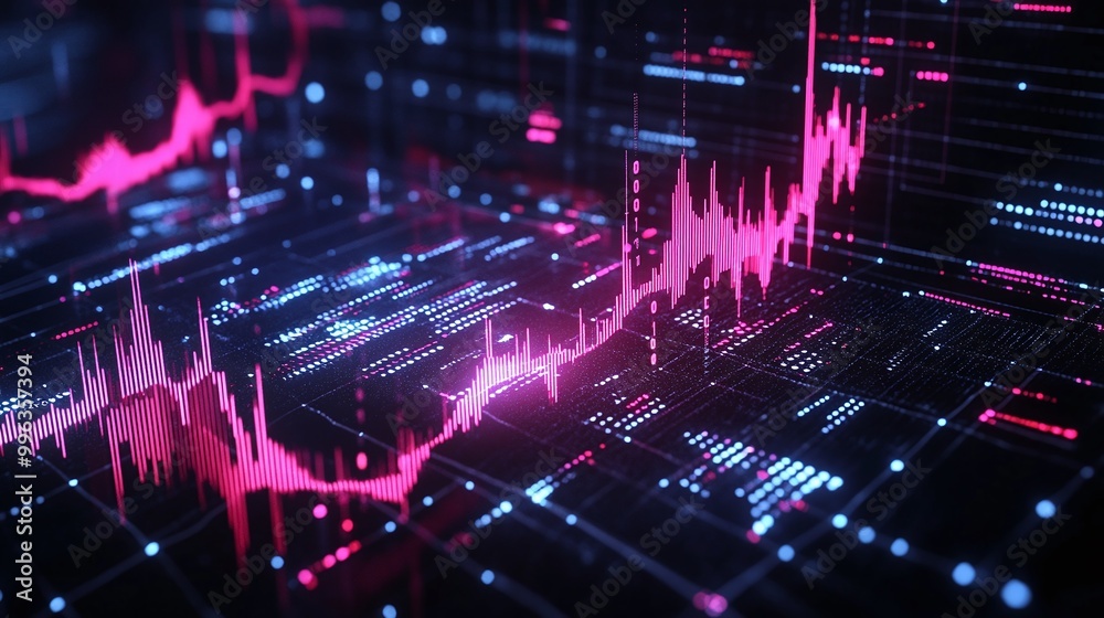 Poster abstract digital graph with vibrant pink lines and data points on a dark background representing gro