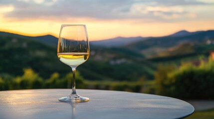 A glass of white wine resting on a table, overlooking green mountain scenery, perfect for a serene outdoor setting