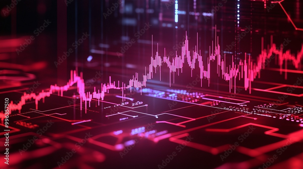 Poster abstract digital graph with vibrant red lines on a dark background, representing data trends and ana