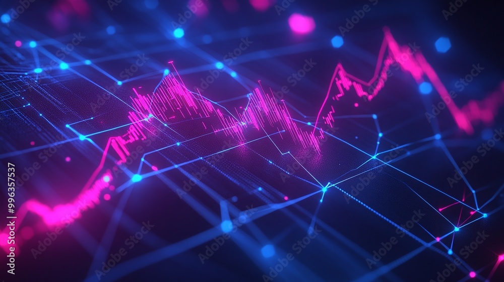 Poster abstract digital graph with vivid neon lines and data points against a dark background.