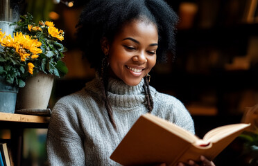 Woman enjoying a peaceful moment reading a book in a cozy environment 