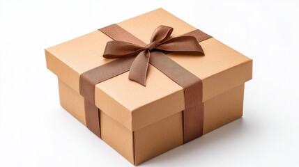 A closed cardboard gift box with a shiny ribbon, placed on a clean white background, perfect for promotional designs